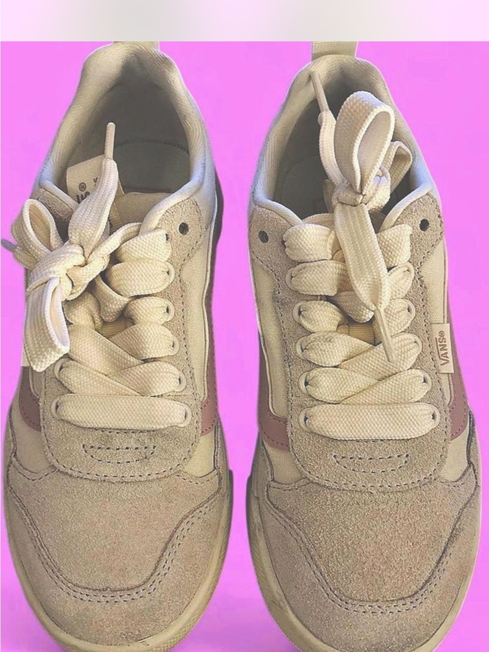 Vans Women’s Creme and Pink Suede Low-Top Sneakers